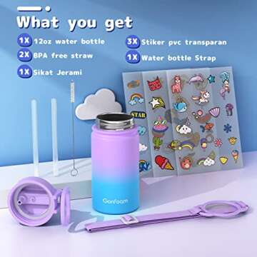 Kids Water Bottle, 12oz Water Bottles with Straw and Stickers, Stainless Steel Vacuum Double Wall Insulated cup for School, Gifts for Girls(Purple and Blue)