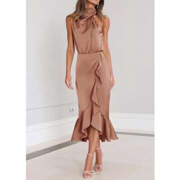KIRUNDO Womens 2025 Summer Satin Mock Neck Wedding Guest Party Cocktail Midi Dress Sleeveless Wrap R...