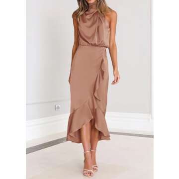 KIRUNDO Womens 2025 Summer Satin Mock Neck Wedding Guest Party Cocktail Midi Dress Sleeveless Wrap Ruffle Formal Dresses (Champagne, Small)