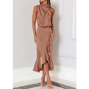 KIRUNDO Womens 2025 Summer Satin Mock Neck Wedding Guest Party Cocktail Midi Dress Sleeveless Wrap Ruffle Formal Dresses (Champagne, Small)