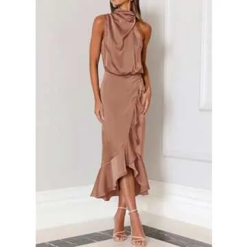 KIRUNDO Womens 2025 Summer Satin Mock Neck Wedding Guest Party Cocktail Midi Dress Sleeveless Wrap Ruffle Formal Dresses (Champagne, Small)