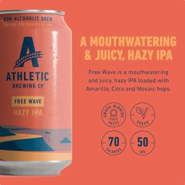 Athletic Brewing Company Craft Non-Alcoholic Beer - 12 Pack x 12 Fl Oz Cans - Free Wave Hazy IPA - Low-Calorie, Award Winning - Loaded with Amarillo, Citra, and Mosaic Hops