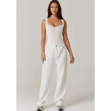 QINSEN Woman's Sleeveless Bodysuit Snap Closure High Waist Elastic Stretch Leotard Top White M