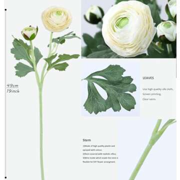 Artificial Ranunculus Flowers with Real Touch Stem, Silk Ranunculus Flowers(10 Pack) (White)