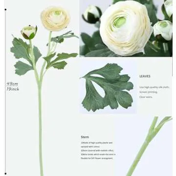 Artificial Ranunculus Flowers with Real Touch Stem, Silk Ranunculus Flowers(10 Pack) (White)