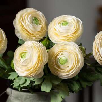 Artificial Ranunculus Flowers with Real Touch Stem, Silk Ranunculus Flowers(10 Pack) (White)