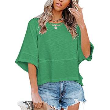 Sovelen Summer Casual Crewneck Batwing Half Sleeve T-Shirt - Cute & Flowy Green