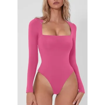 QINSEN Women's Square Neck Long Sleeve Thong Bodysuit
