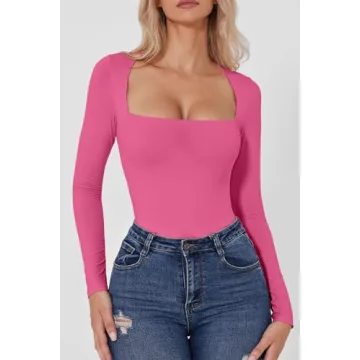 QINSEN Women's Square Neck Long Sleeve Thong Bodysuit