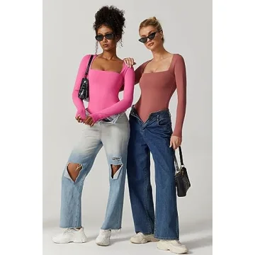 QINSEN Women's Square Neck Long Sleeve Thong Bodysuit