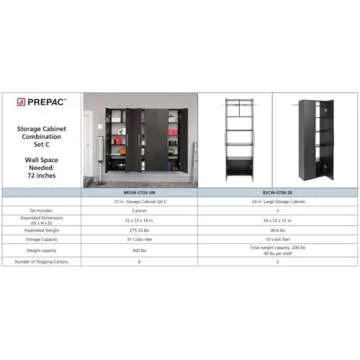 Prepac HangUps 72" Garage Cabinet, Bathroom Cabinet Wall Mount, Laundry Cabinet, Kitchen Wall Cabinet, Ideal for Garage, Kitchen and Laundry Organization, Set C, 3-Piece 72" W x 72" H x 12" D, Black