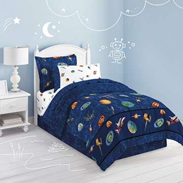 Dream Factory Kids 8-Piece Complete Set with Bedskirt Easy-Wash Super Soft Comforter Bedding, Full, Blue Outer Space Satellites