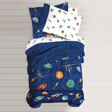 Dream Factory Kids 8-Piece Complete Set with Bedskirt Easy-Wash Super Soft Comforter Bedding, Full, Blue Outer Space Satellites