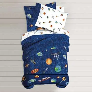 Dream Factory Kids 8-Piece Complete Set with Bedskirt Easy-Wash Super Soft Comforter Bedding, Full, Blue Outer Space Satellites