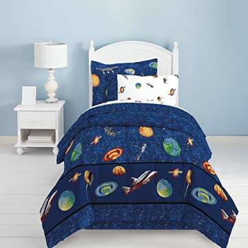 Dream Factory Kids 8-Piece Complete Set with Bedskirt Easy-Wash Super Soft Comforter Bedding, Full, Blue Outer Space Satellites