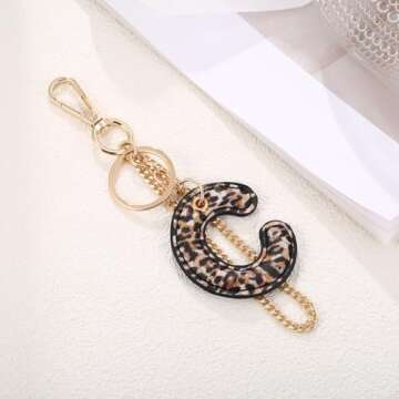 Winssigma Leopard Letter Keychain for Women, PU leather Initial Letter Keyring Keychain Accessories Purse Handbags Charm(Letter C)