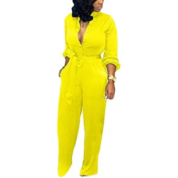 Aro Lora Women's Deep V Neck Long Sleeve Button Down Wide Leg Jumpsuit (Yellow)