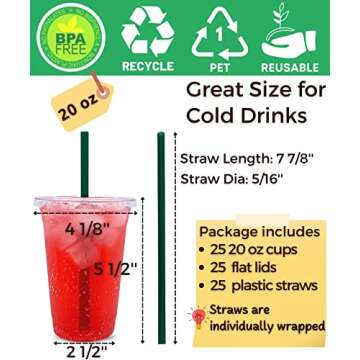 Aatriet 20 oz Clear Plastic Cups with Lids and Straws, Disposable Coffee Cups 25 Sets