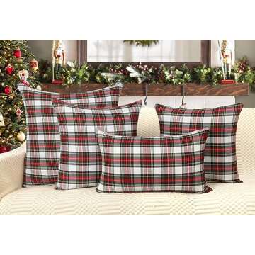 4TH Emotion Set of 2 Christmas Scottish Tartan Plaid Throw Pillow Covers Cushion Case Polyester for Farmhouse Home Decor Red and White, 20 x 20 Inches