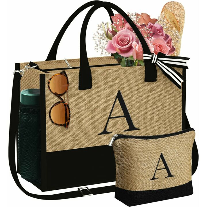 Initial Jute Tote & Makeup Bag Set for Women