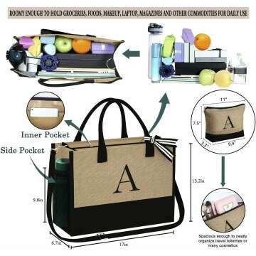 Initial Jute Tote & Makeup Bag Set for Women