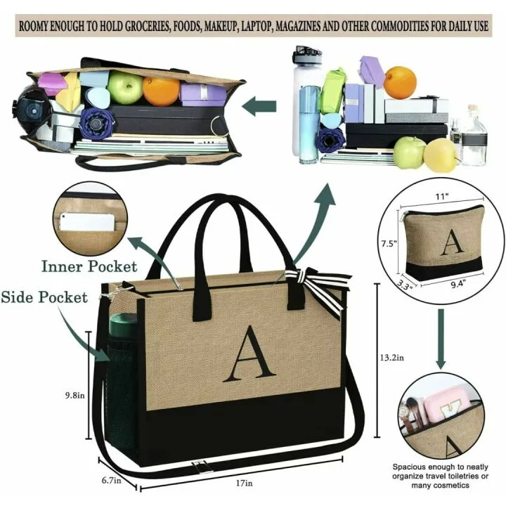 Initial Jute Tote & Makeup Bag Set for Women