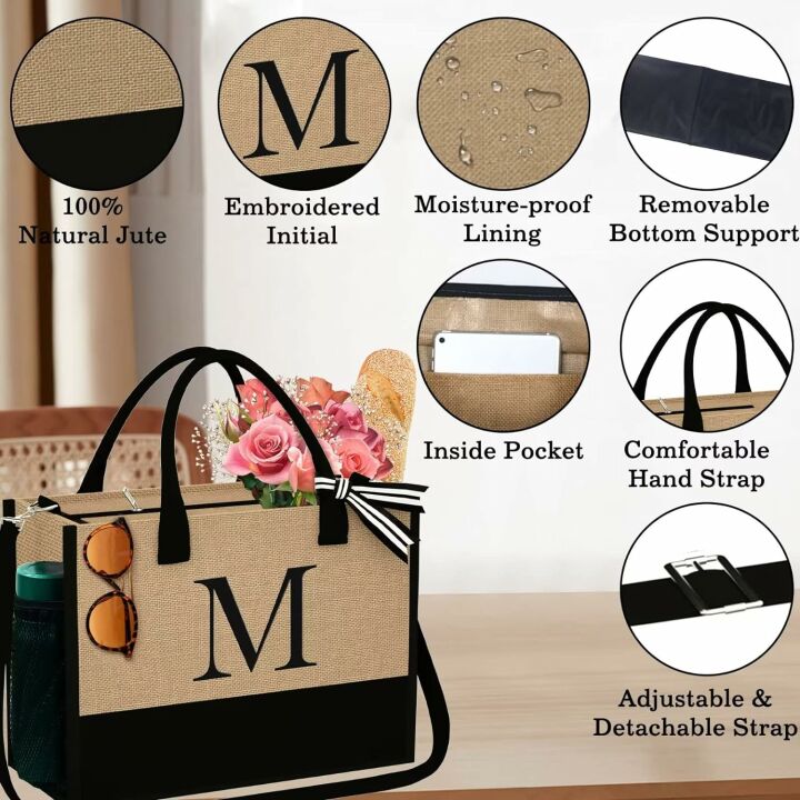 Initial Jute Tote & Makeup Bag Set for Women