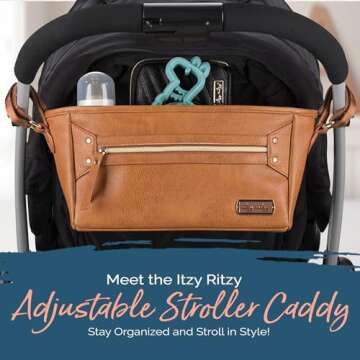 Itzy Ritzy Adjustable Stroller Caddy/Organizer - Stroller Organizer Bag Featuring Front Zippered Pocket, 2 Built-in Interior Pockets & Adjustable Straps to Fit Nearly Any Stroller (Cognac)