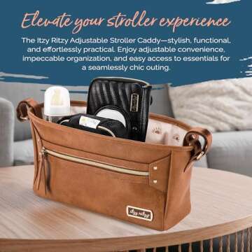 Itzy Ritzy Adjustable Stroller Caddy/Organizer - Stroller Organizer Bag Featuring Front Zippered Pocket, 2 Built-in Interior Pockets & Adjustable Straps to Fit Nearly Any Stroller (Cognac)