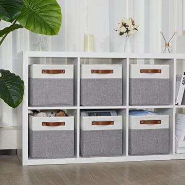 DULLEMELO Cube Storage Basket for Shelves, Clothes, Collapsible Fabric Storage Cubes for Office, Bedroom, Toys, Fabric Storage Cube with Handles (White&Gray,11"x11"x11",6-Pack)