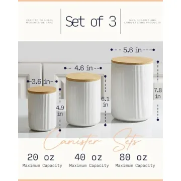 getstar Flour Sugar Storage Containers, Ceramic Canisters Sets for the Kitchen Countertop with Bamboo Airtight Lids, 80oz 40oz&20oz Coffee Tea Sugar Container Set of 3