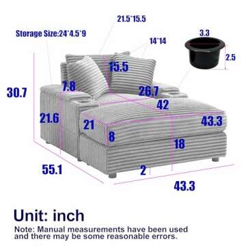 Eafurn Oversized Chaise Lounge Sofa Chair with Movable Ottoman, 43.3" W Corduroy Upholstered Convert...