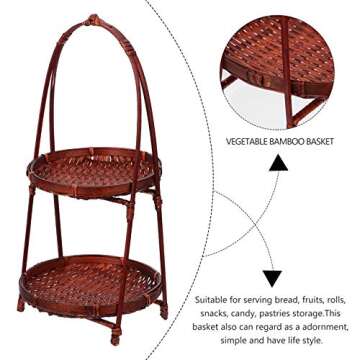 Cabilock Bamboo Snack Stand Woven Adornment Double-Deck Dessert Stand Vegetable Bamboo Basket Handmade Fruit Stand Woven Storage Container Storage Basket Steamed Bun Basket