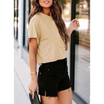 Tankaneo Women Short Sleeve Cropped T-Shirts Crew Neck Loose Crop Tops Summer Casual Drop Shoulder B...