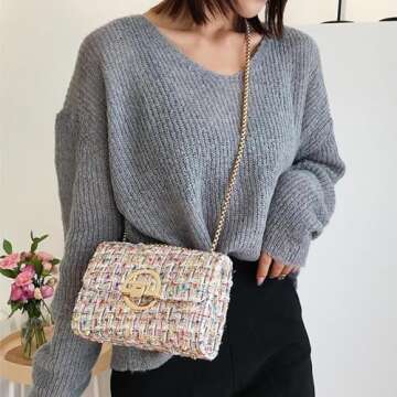 DFJXXX Women Tweed Small Shoulder Bag Handbag and Purse Fashion Ladies Chain Quilted Crossbody Bag Evening Bag Clutch (Pink)