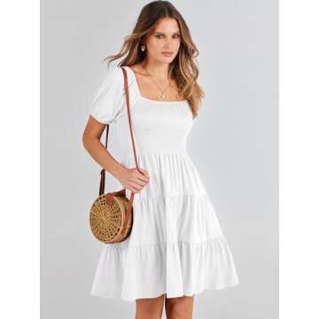 ANRABESS Womens 2025 Summer Casual Dress Square Neck Puff Sleeve Boho Beach Vacation Short Dress Whi...