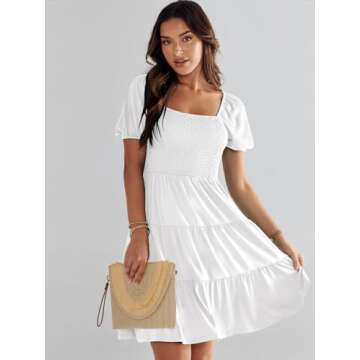 ANRABESS Womens 2025 Summer Casual Dress Square Neck Puff Sleeve Boho Beach Vacation Short Dress White Small