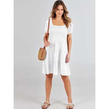 ANRABESS Womens 2025 Summer Casual Dress Square Neck Puff Sleeve Boho Beach Vacation Short Dress White Small