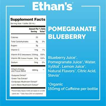 Ethan's Organic Clean Energy Shots Pomegranate Blueberry, Sugar Free Natural Pre-Workout Focus Boost, Gluten Free, Vegan, B6 & B12 Vitamin C with Green Tea Extract and Guayusa (4 Pack of 2oz Shots)