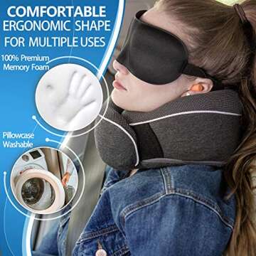 UBEUONLY Travel Neck Pillow Chin Support Pillow Adjustable 100% Pure Memory Foam , New Ergonomic Design Soft Best Full Neck Surround Pillow Sleep for Home, Airplanes & Car (Black)