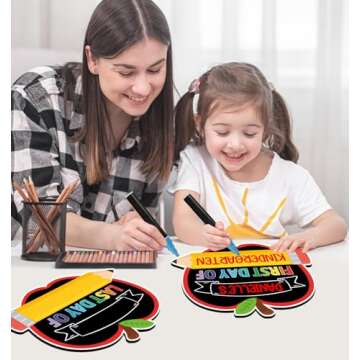 JUESMOS First and Last Day of School Chalkboard, 9.5"x11.8" Double Sided Pencil Back to School Sign for Kids Girls Boys Reusable 1st Day of Kindergarten Preschool Photo Props Sign