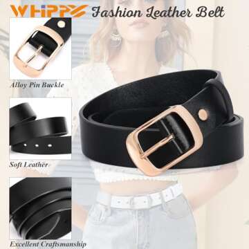 WHIPPY Women Leather Belts for Jeans Pants Fashion Dress Belt for Women with Solid Pin Buckle, Black,S