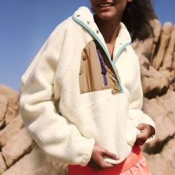 Hixiaohe Women Sweatshirt Sherpa Casual Lapel Cropped Pullover Long Sleeve Button Down Fuzzy Fleece Jacket with Pocket(Apricot,M)