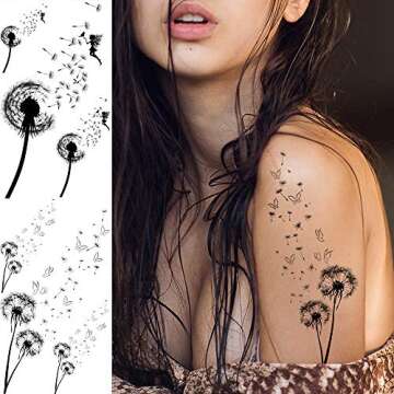EGMBGM 13 Sheets Beautiful Dandelion Temporary Tattoos For Women Realistic Flying Dandelion Birds Bu...