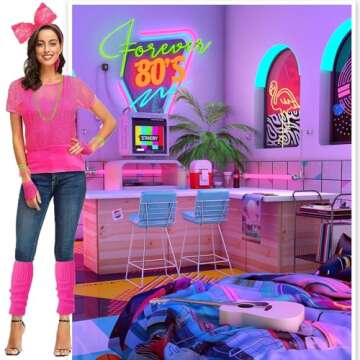 Xintorch 80s Outfit Women Costume Accessories Set Fishnet Neon Off Shoulder T-Shirt Two Pieces Lace ...