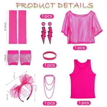 Xintorch 80s Outfit Women Costume Accessories Set Fishnet Neon Off Shoulder T-Shirt Two Pieces Lace Headband Neon Earrings Fishnet Gloves, Legwarmers for 80's Party