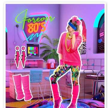 Xintorch 80s Outfit Women Costume Accessories Set Fishnet Neon Off Shoulder T-Shirt Two Pieces Lace Headband Neon Earrings Fishnet Gloves, Legwarmers for 80's Party