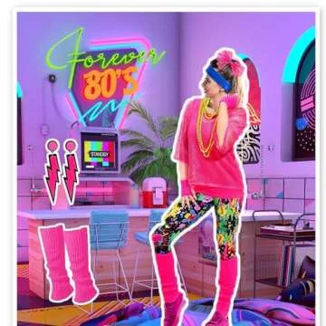 Xintorch 80s Outfit Women Costume Accessories Set Fishnet Neon Off Shoulder T-Shirt Two Pieces Lace Headband Neon Earrings Fishnet Gloves, Legwarmers for 80's Party