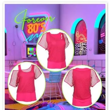 Xintorch 80s Outfit Women Costume Accessories Set Fishnet Neon Off Shoulder T-Shirt Two Pieces Lace Headband Neon Earrings Fishnet Gloves, Legwarmers for 80's Party