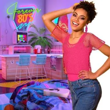 Xintorch 80s Outfit Women Costume Accessories Set Fishnet Neon Off Shoulder T-Shirt Two Pieces Lace Headband Neon Earrings Fishnet Gloves, Legwarmers for 80's Party